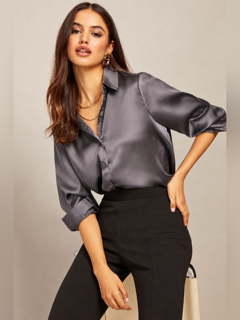 ZARA Satin Feel Button-Down Shirt in Charcoal NWT